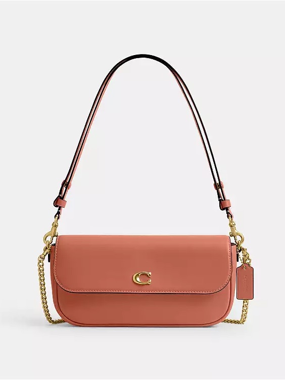 Coach Dark Peach Leather Brook Flap Bag With Gold Chain Shoulder Bag - New
